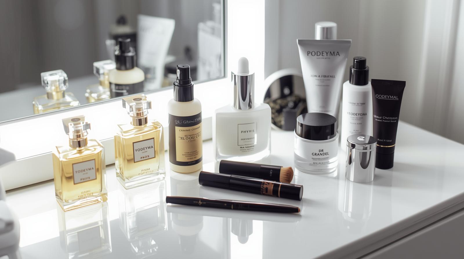 kosmetický stůl bílý, osvětlené zrcadlo, na stole líčení, parfémy yodeyma, krémy phyris, krémy dr.grandel